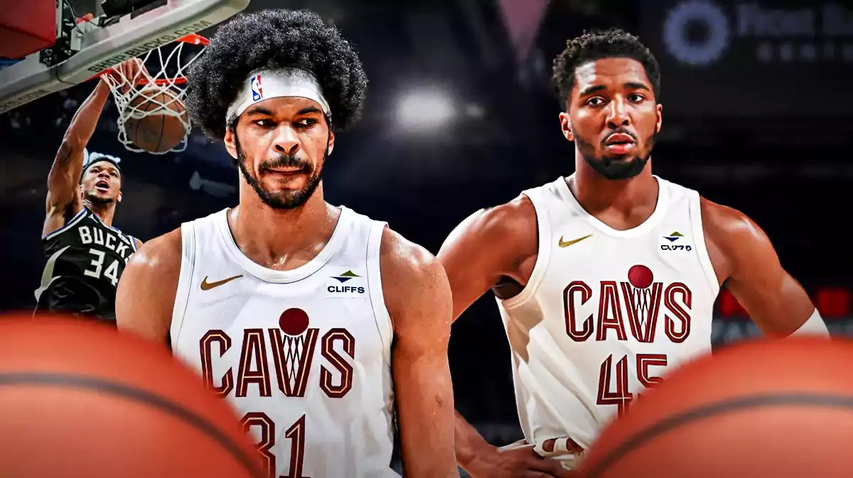 Cavs' Donovan Mitchell, Cavs' Jarrett Allen in front. Bucks' Giannis Antetokounmpo dunking a basketball in background.