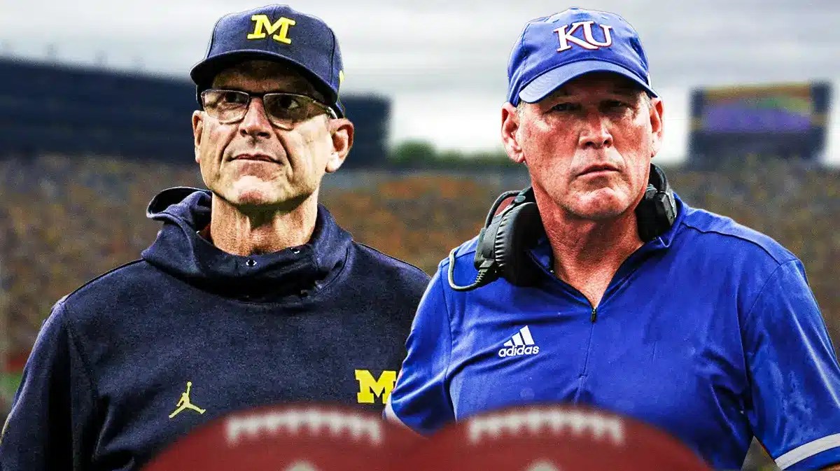 Michigan football, Wolverines, Kansas football, Lance Leipold, Jim Harbaugh, Jim Harbaugh and Lance Leipold with Michigan football stadium in the background