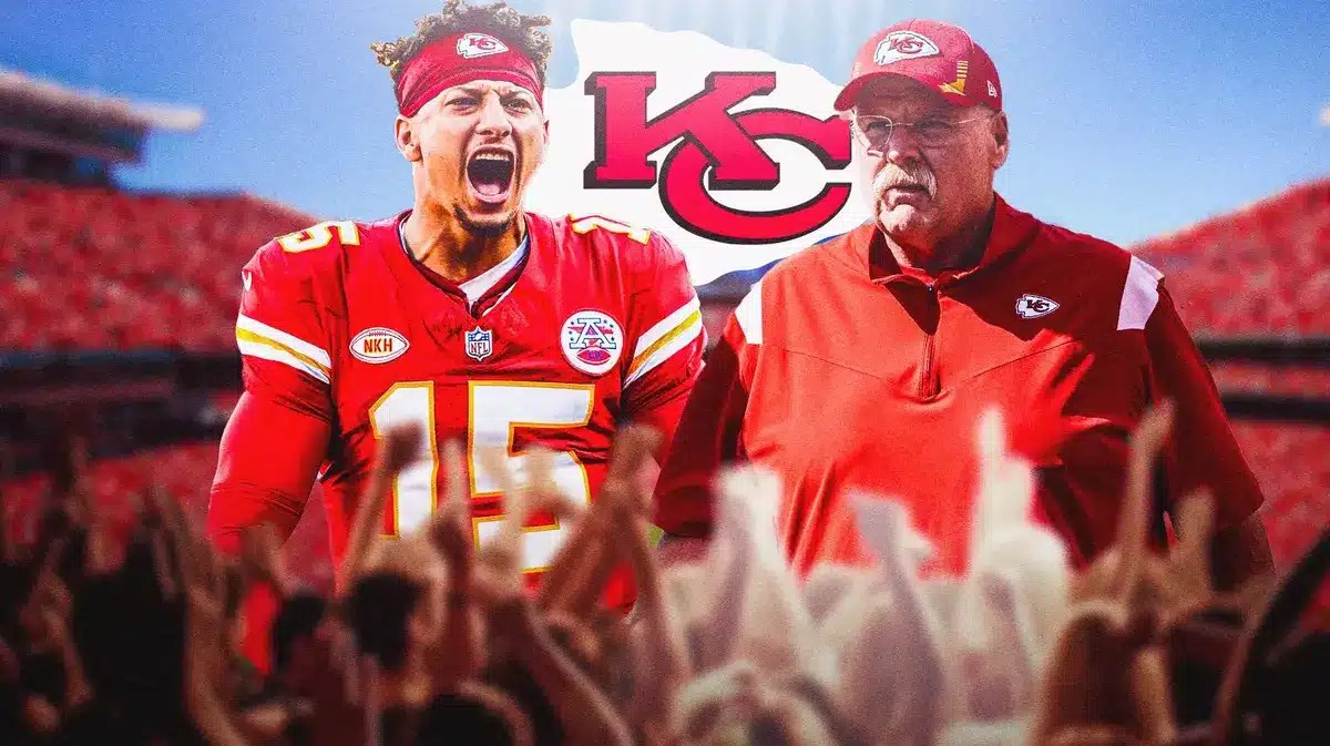 Photo: Patrick Mahomes in Chiefs uniform with Andy Reid in Chiefs gear, with Chiefs logo behind them