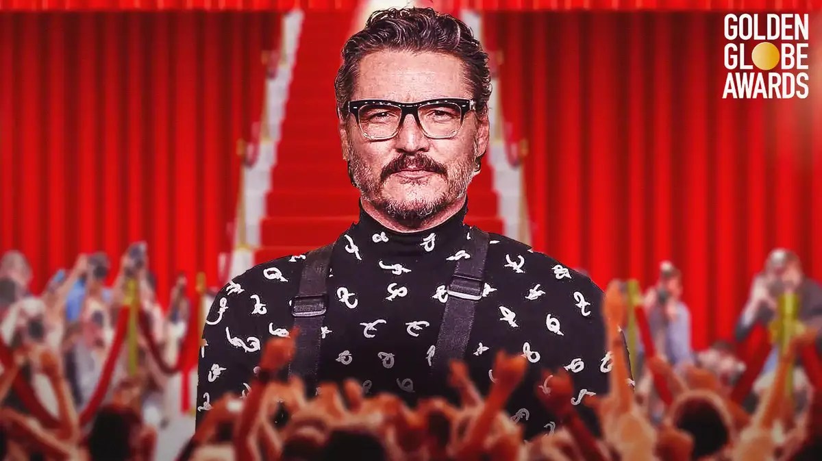 Pedro Pascal in a sling on red carpet with Golden Globes logo.