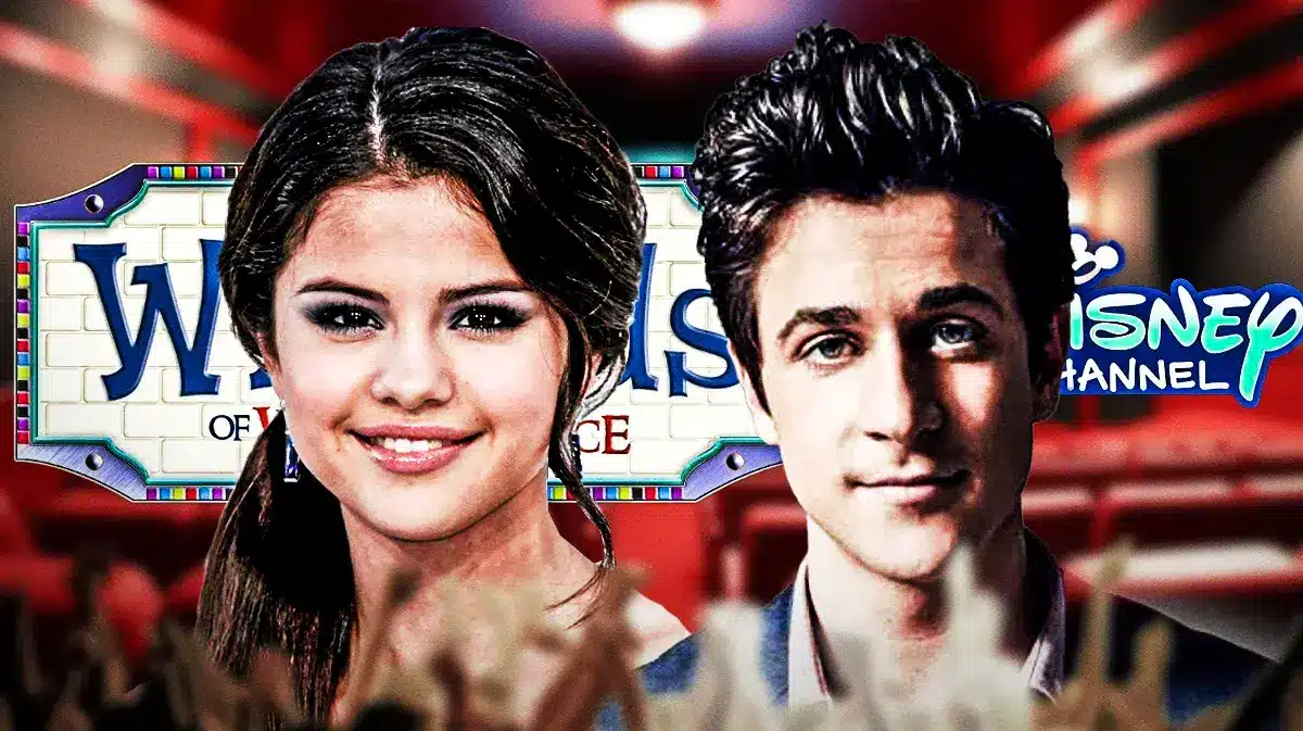 Wizards of Waverly Place and Disney Channel logos with Selena Gomez and David Henrie.