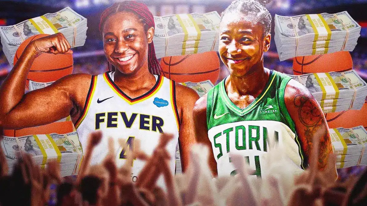 WNBA players Aliyah Boston and Jewell Loyd in their basketball uniforms, with money and basketballs