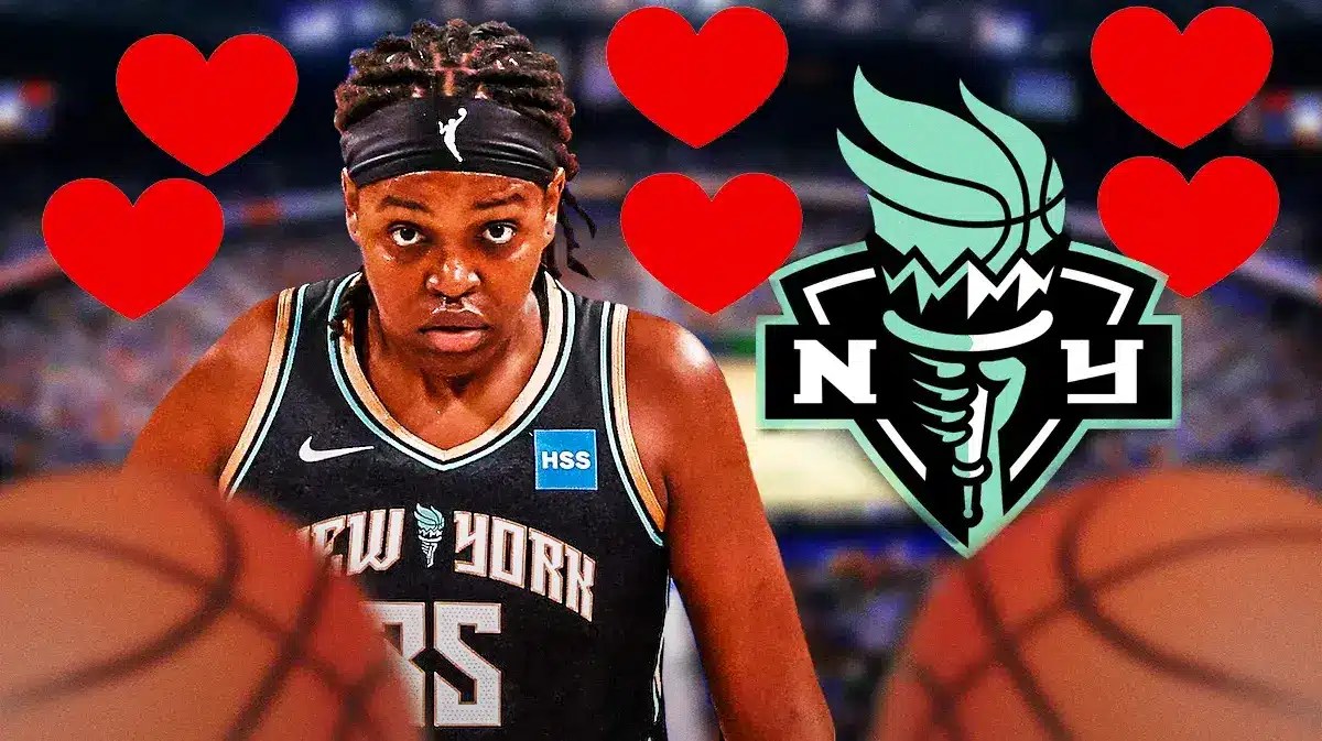 WNBA New York Liberty player Jonquel Jones in Liberty uniform, with hearts and the New York Liberty logo