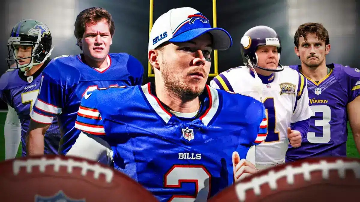 Tyler Bass front and center. Around him are Gary Anderson in Vikings gear, Scott Norwood in Bills gear, Billy Cundiff in Ravens gear, Balir Walsh in Vikings gear. All looking disappointed if possible. Goal post in background.