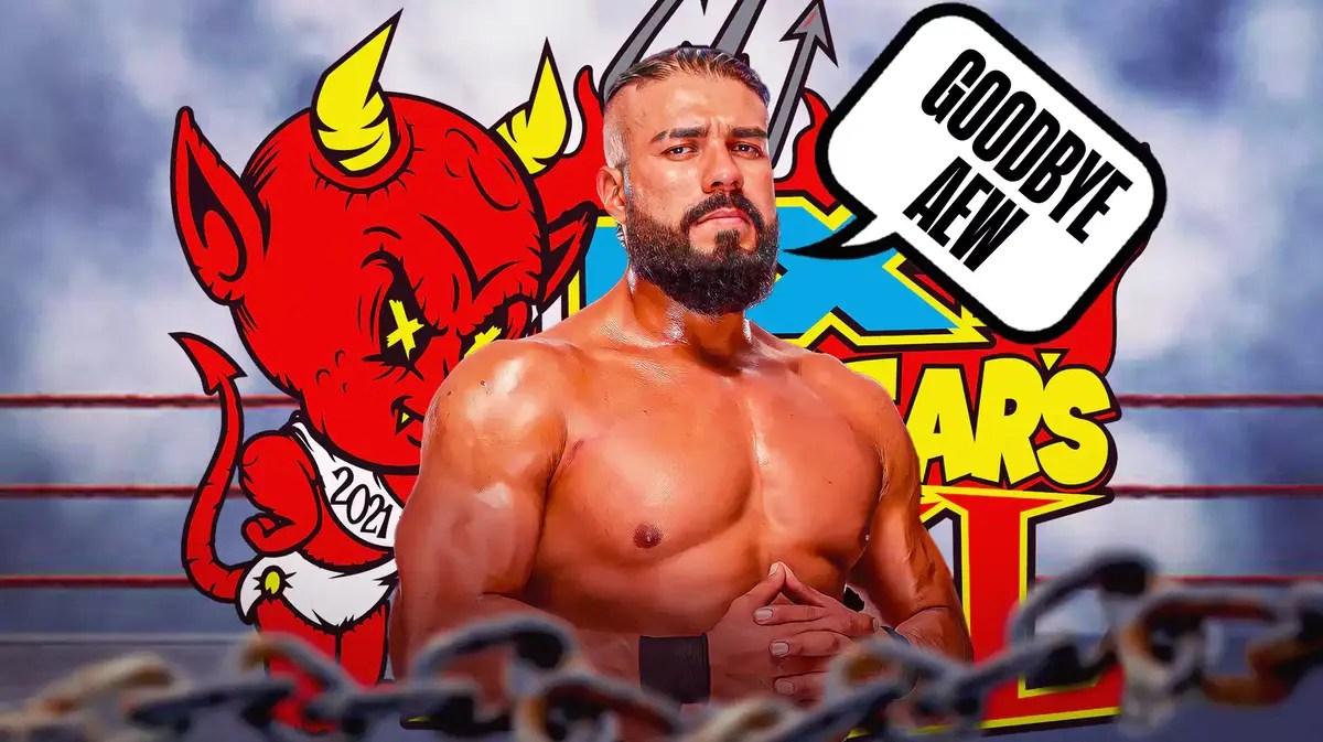 Andrade El Idolo with a text bubble reading “Goodbye AEW” with the NXT New Years Evil logo as the background.