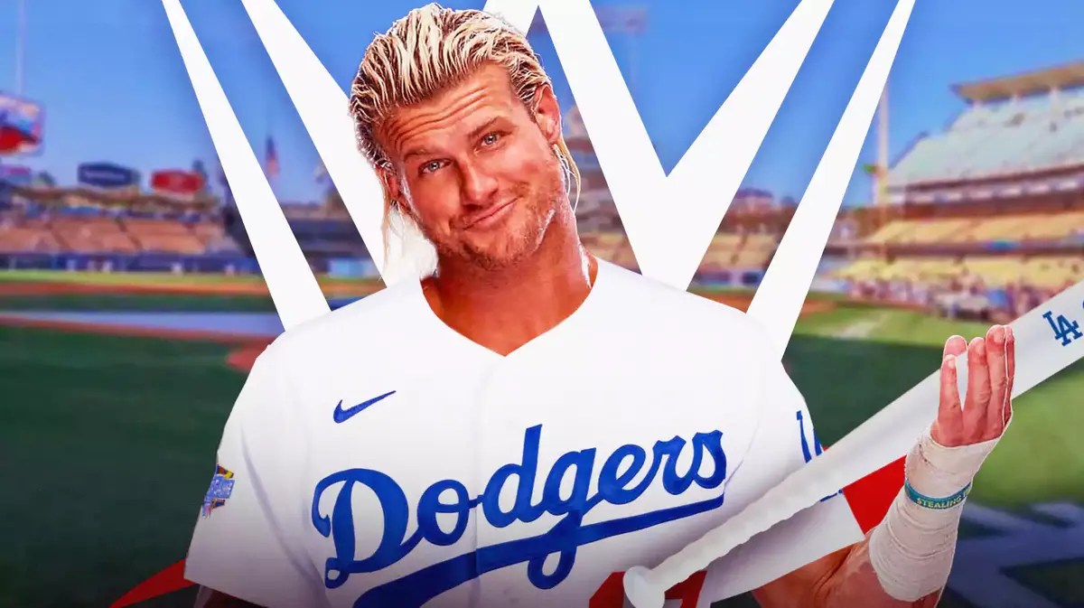 Dolph Ziggler wearing a Los Angeles Dodgers uniform holding a Baseball bat in front of Dodgers Stadium with a WWE logo on it.
