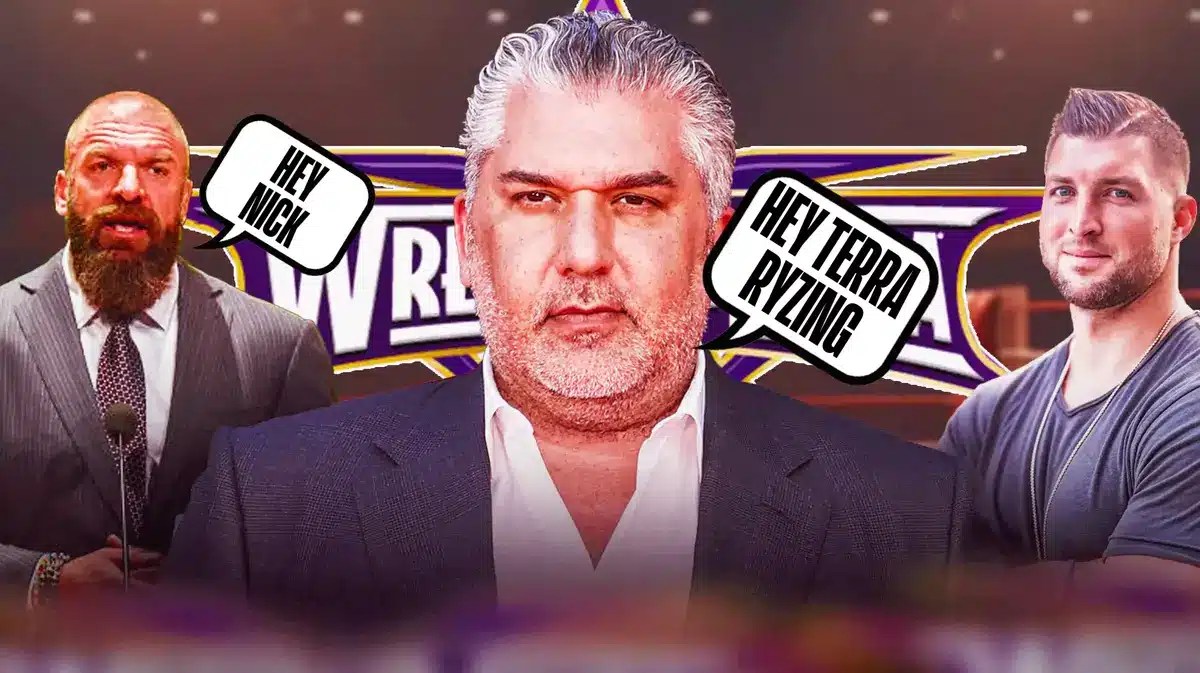 Paul Levesque with a text bubble reading “Hey Nick” next to Nick Khan with a text bubble reading “Hey Terra Ryzing“ with Tim Tebow on Nick Khan’s right and the WrestleMania 30 logo as the background.