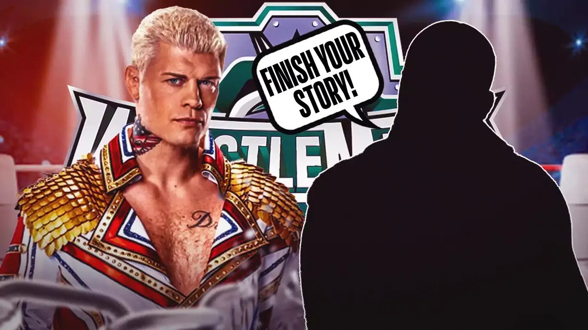 The blacked-out silhouette of Dustin Rhodes with a text bubble reading “Finish your story!” next to Cody Rhodes with the WrestleMania 40 logo as the background.