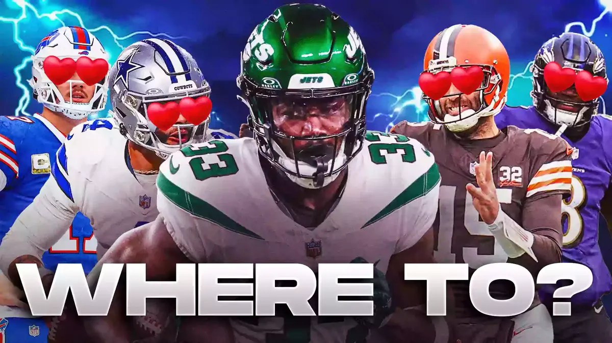Dalvin Cook in the middle, Dak Prescott, Josh Allen, Lamar Jackson, Joe Flacco all around him with heart eyes ❤️, and Lightning in the background.