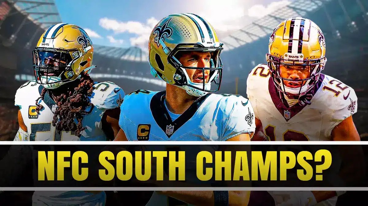 New Orleans Saints' Derek Carr, Chris Olave, and Demario Davis and a text graphic at bottom “NFC South Champs?”