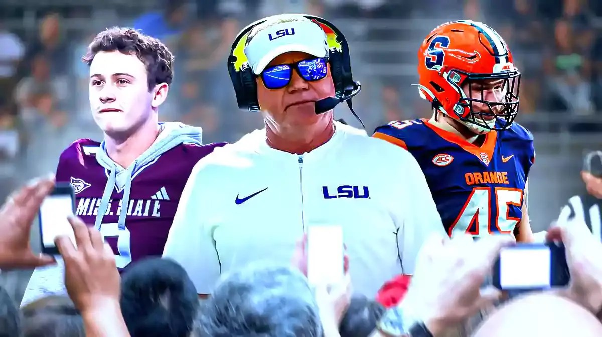 LSU coach Brian Kelly with Will Rogers (Mississippi State) and Kevon Darton (Syracuse)