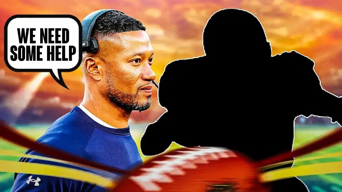 Marcus Freeman saying “we need some help”, silhouette football player next to him. Notre Dame football