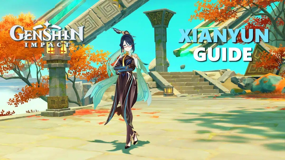 xianyun build, xianyun genshin impact, xianyun, xianyun weapon, xianyun artifacts, a screenshot of Xianyun from Genshin Impact with the game logo in one corner and the words Xianyun Guide in the other