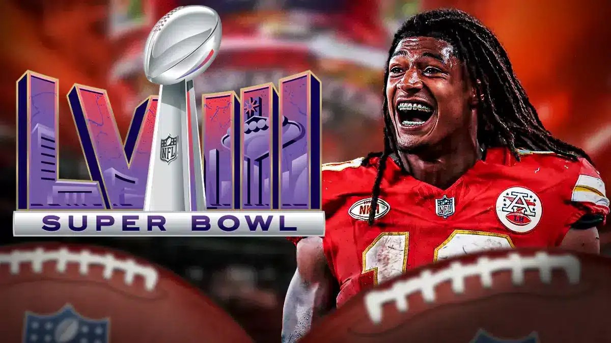 Isiah Pacheco (Kansas City Chiefs) next to the Super Bowl 58 logo