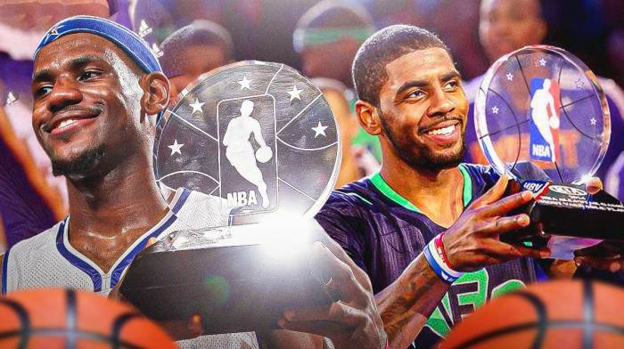 LeBron James and Kyrie Irving holding NBA All-Star Game MVP trophies.