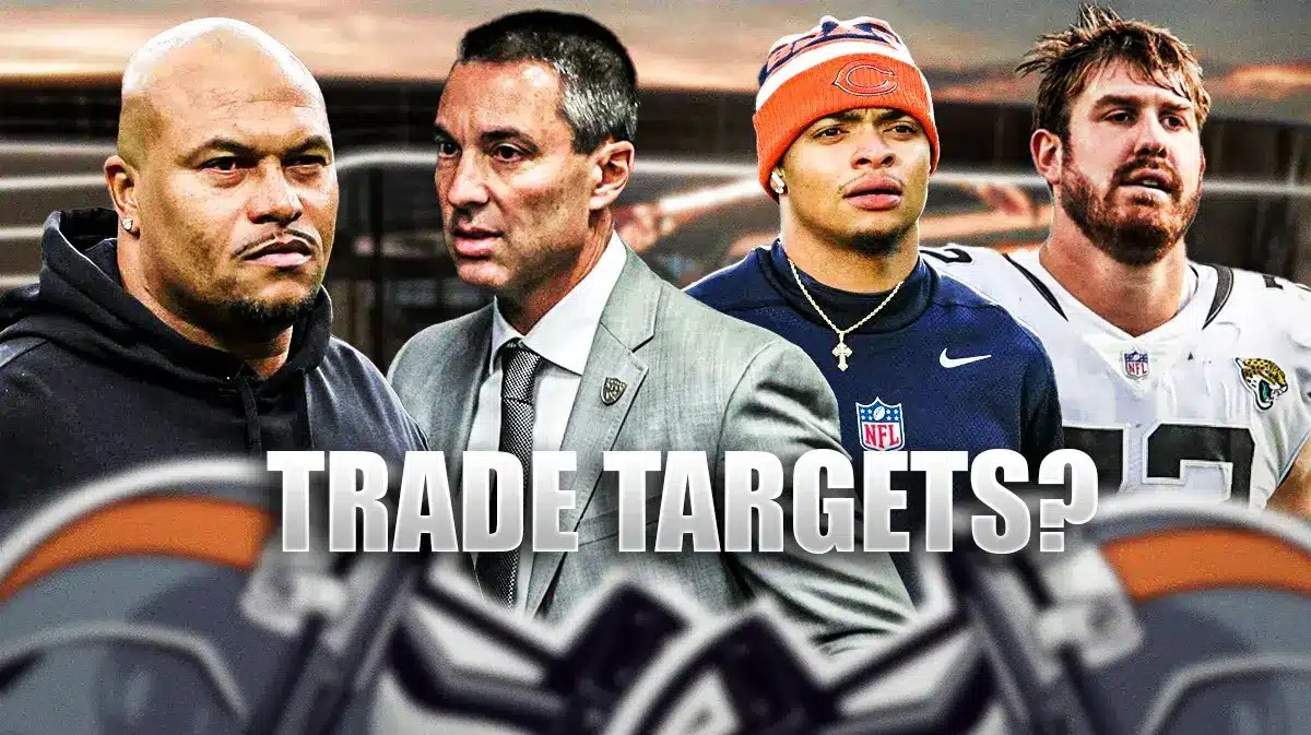 Antonio Pierce, Tom Telesco, Justin Fields, Walker Little all beside each other, and Las Vegas Raiders wallpaper in the background.