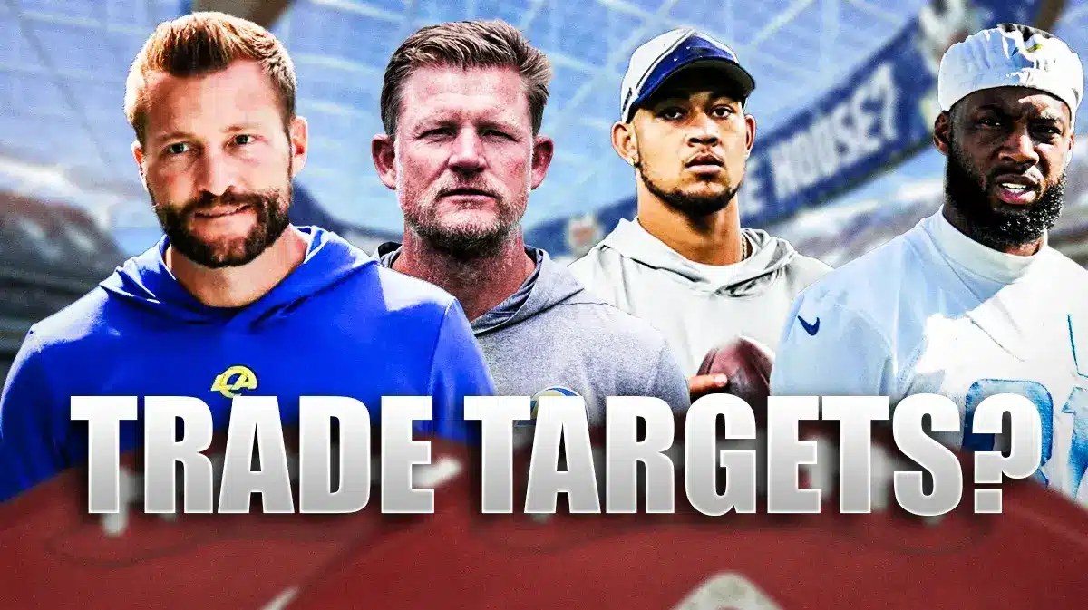 Sean McVay, Les Snead, Trey Lance, Mike Williams all beside each other, and Los Angeles Rams wallpaper in the background.