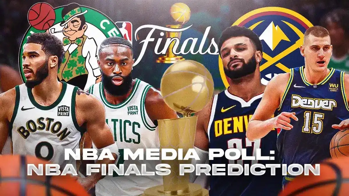 NBA Finals trophy with Celtics' Jayson Tatum and Jaylen Brown, and Nuggets' Nikola Jokic and Jamal Murray