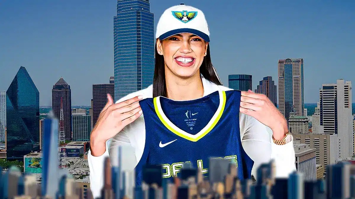 WNBA Dallas Wings player Stephanie Soares with the city of Dallas, Texas in the background,