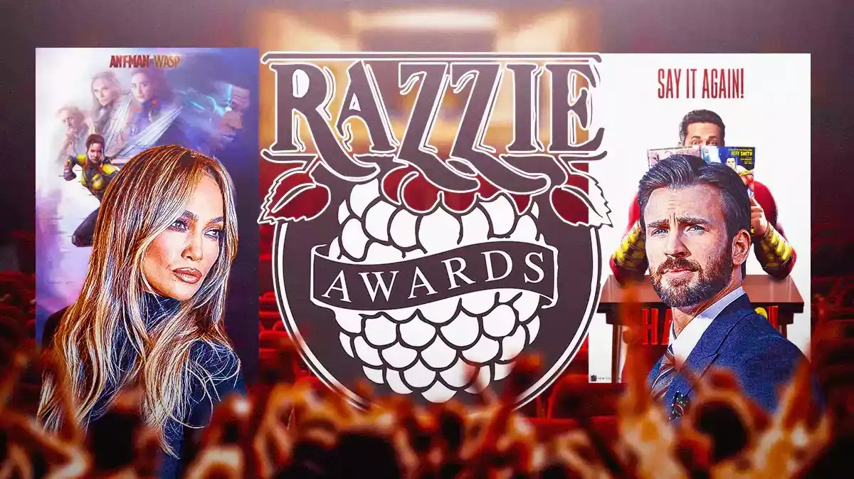 Jennifer Lopez, Ant-Man and the Wasp Quantumania poster behind her; Chrs Evans, Shazam! Fury of the Gods poster behind him; Razzie Awards logo in the middle