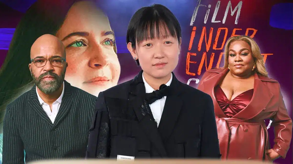 From left to right: Jeffrey Wright, Celine Song, Da'Vine Joy Randolp; Background; Film Independent Spirit Awards