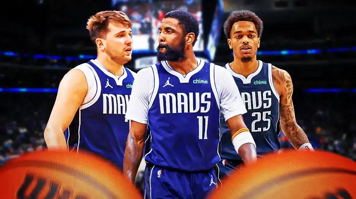 Mavericks' Kyrie Irving in front. Mavericks' Luka Doncic on left, Mavericks' PJ Washington on right.