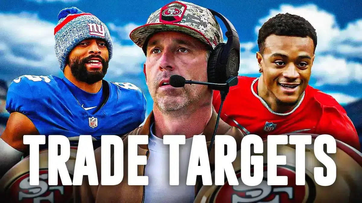 Coach Kyle Shanahan in the middle, Patrick Surtain II, Darius Slayton around him, and San Francisco 49ers wallpaper in the background.