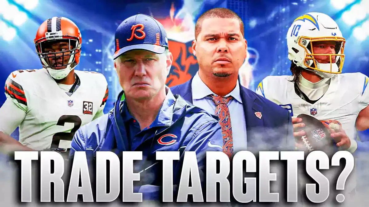 Matt Eberflus, Ryan Poles, Amari Cooper, Justin Herbert all beside each other, and Chicago Bears wallpaper in the background.