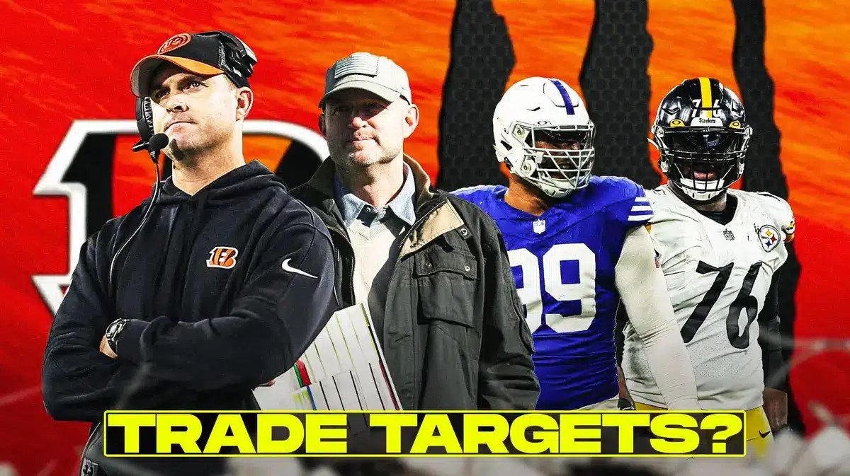 Zac Taylor, Duke Tobin, DeForest Buckner, Chukwuma Okorafor all beside each other, and Cincinnati Bengals wallpaper in the background.