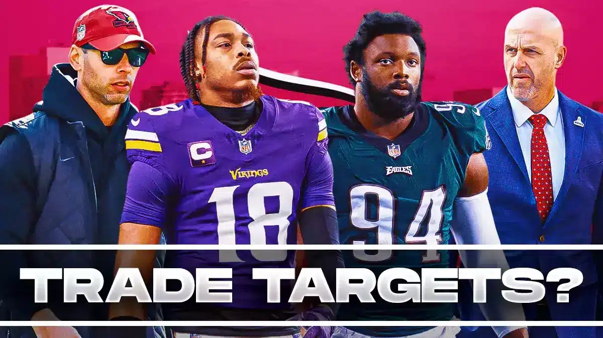 Jonathan Gannon, Monti Ossenfort, Justin Jefferson, Josh Sweat all beside each other, and Arizona Cardinals wallpaper in the background.