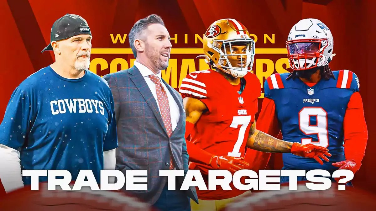 Dan Quinn, Adam Peters, Charvarius Ward, Matthew Judon all beside each other, and Washington Commanders wallpaper in the background.