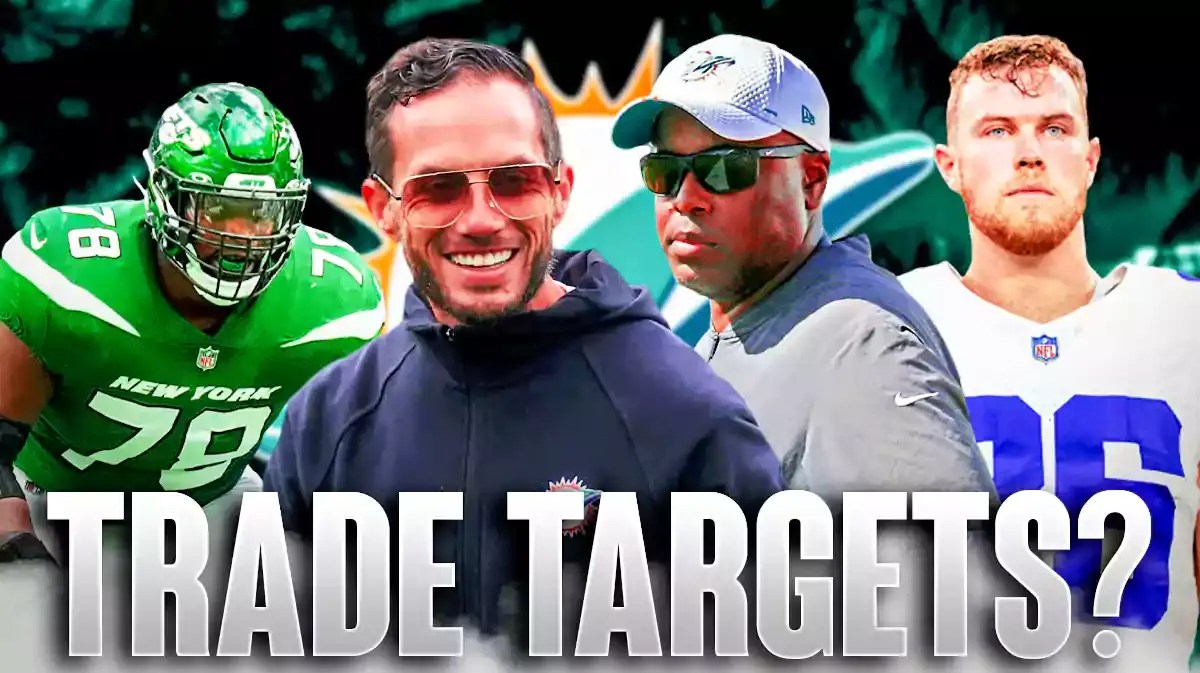 Mike McDaniel, Chris Grier, Luke Schoonmaker, Laken Tomlinson all beside each other, and Miami Dolphins wallpaper in the background.