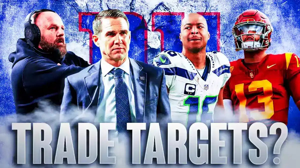 Brian Daboll, Joe Schoen, Tyler Lockett, Caleb Williams all beside each other, and New York Giants wallpaper in the background.