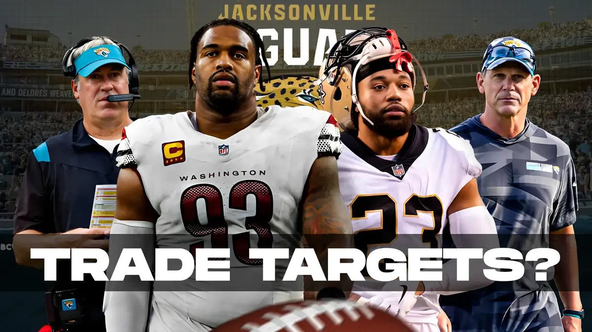 Doug Pederson, Trent Baalke, Jonathan Allen, Marshon Lattimore all beside each other, and Jacksonville Jaguars wallpaper in the background.