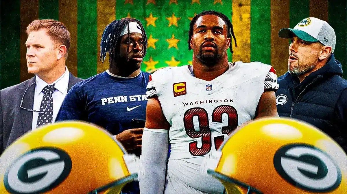Matt LaFleur, Brian Gutekunst, Olumuyiwa Fashanu, Jonathan Allen all beside each other, and Green Bay Packers wallpaper in the background.