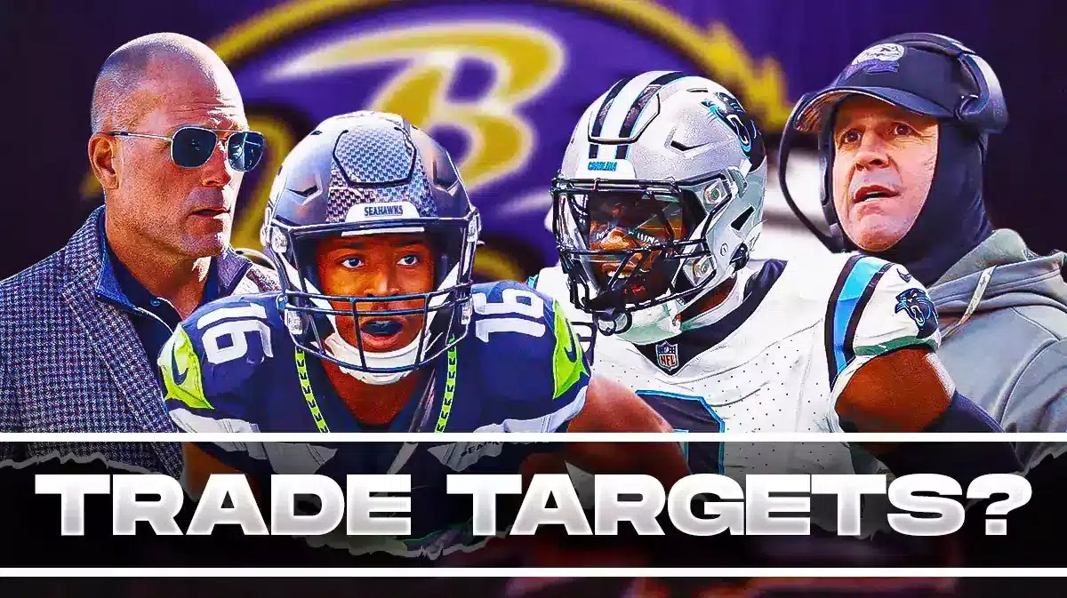 John Harbaugh, Eric DeCosta, Tyler Lockett, Brian Burns all beside each other, and Baltimore Ravens wallpaper in the background.