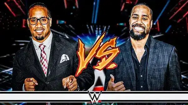 Jimmy Uso on the left, Jey Uso on the Right with a Vs. symbol between them and the WrestleMania 40 logo as the background.