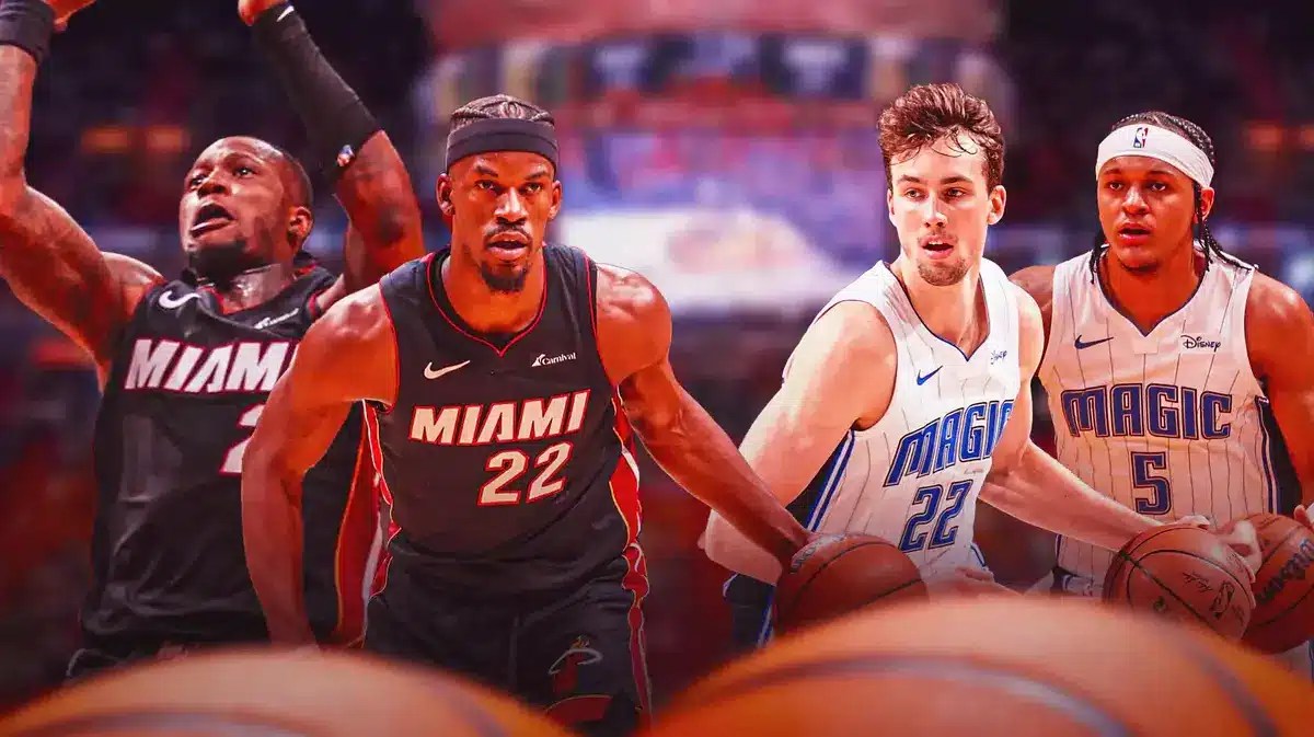 Miami Heat stars Jimmy Butler and Terry Rozier next to Orlando Magic stars Paolo Banchero and Franz Wagner in front of the Kaseya Center.