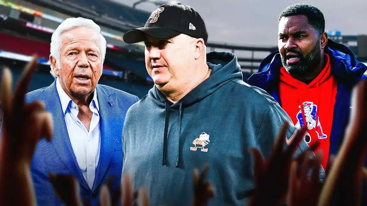 Robert Kraft, Alex Van Pelt and Jerod Mayo standing side by side