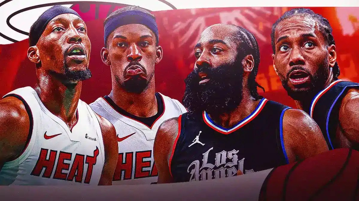 Miami Heat stars Jimmy Butler and Bam Adebayo standing next to Los Angeles Clippers stars Kawhi Leonard and James Harden in front of the Kaseya Center.