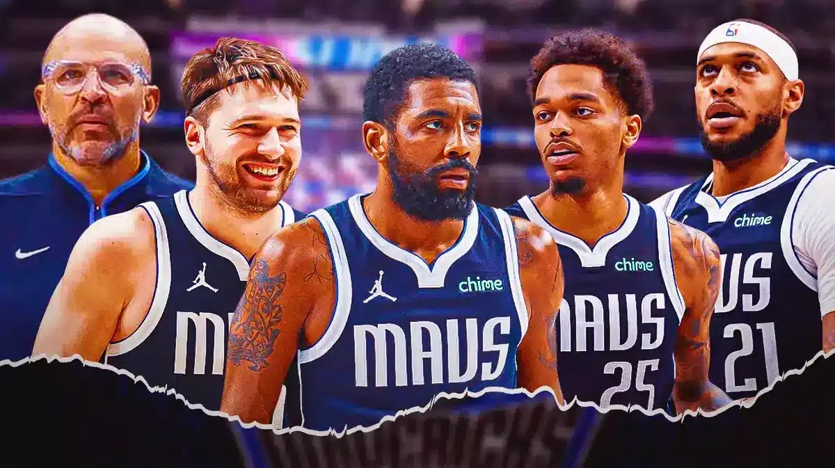 Mavericks' Jason Kidd, Mavericks' Luka Doncic, Mavericks' Kyrie Irving, Mavericks' PJ Washington Jr, and Mavericks' Daniel Gafford all in image. Mavericks' logo background.