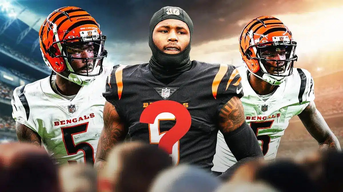 three different Tee Higgins IN ACTION with each showing a big question mark in front of his jersey