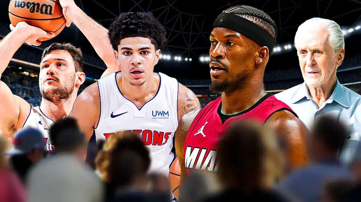 Miami Heat President Pat Riley, star Jimmy Butler, and players Killian Hayes and Danilo Gallinari in front of the Kaseya Center.