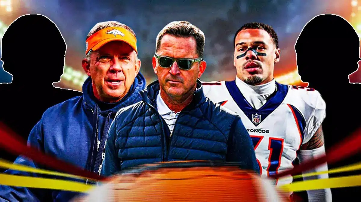 Sean Payton, George Paton, Justin Simmons all beside each other, and Denver Broncos wallpaper in the background.