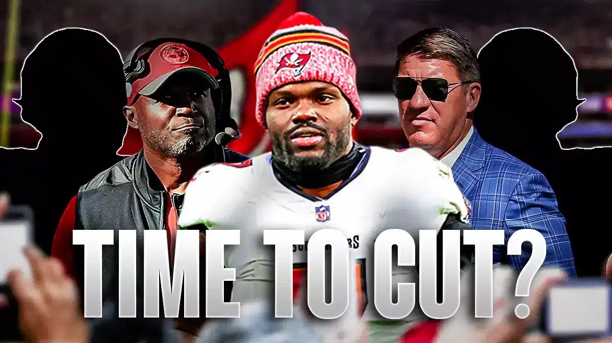 Todd Bowles, Jason Licht, Shaquil Barrett all beside each other, and Tampa Bay Buccaneers wallpaper in the background.