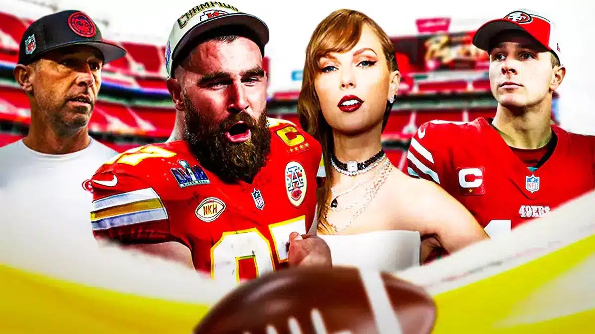 49ers' Kyle Shanahan and Brock Purdy looking sad, with Chiefs' Travis Kelce celebrating the 2024 Super Bowl win with Taylor Swift on the side