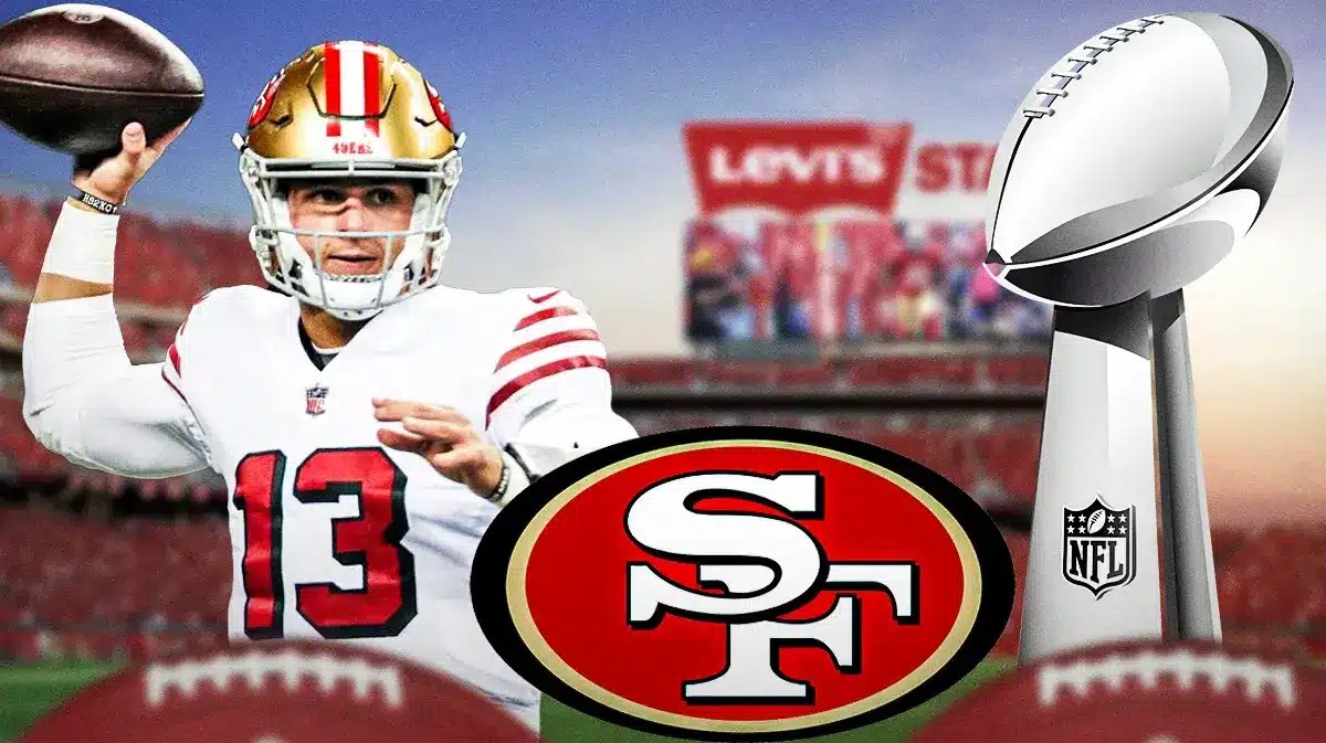 Brock Purdy throwing a football on left. Super Bowl trophy on right. 49ers' logo in middle.