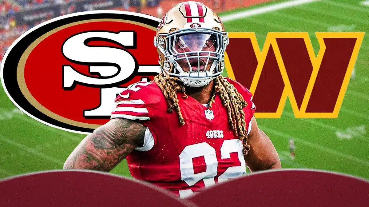 Photo: Chase Young in 49ers gear with 49ers and Commanders logos behind him