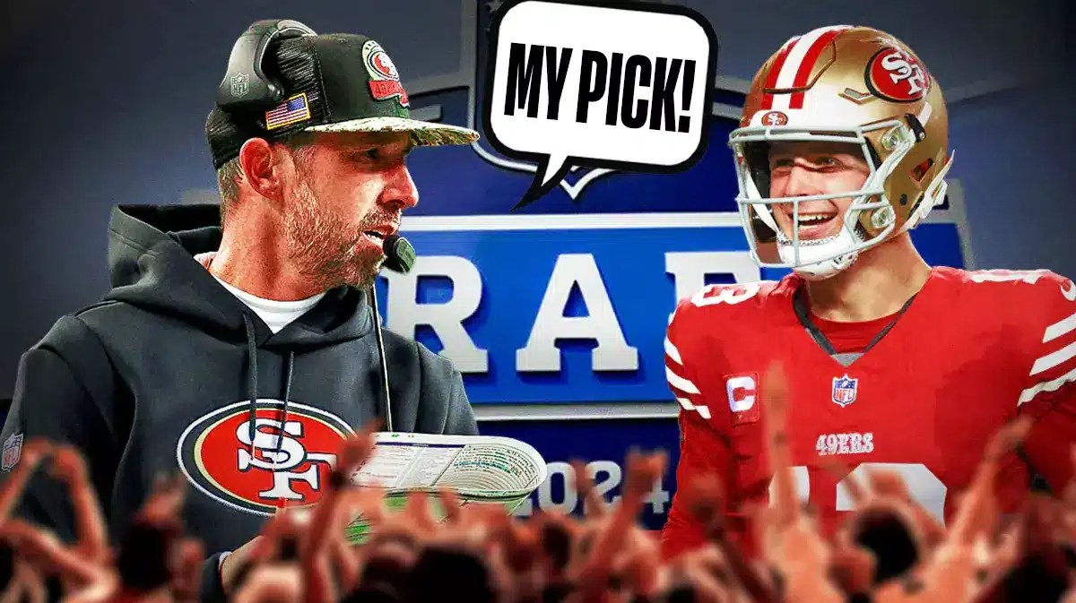 49ers coach Kyle Shanahan with speech bubble “My Pick!” next to Brock Purdy with 2022 NFL Draft background