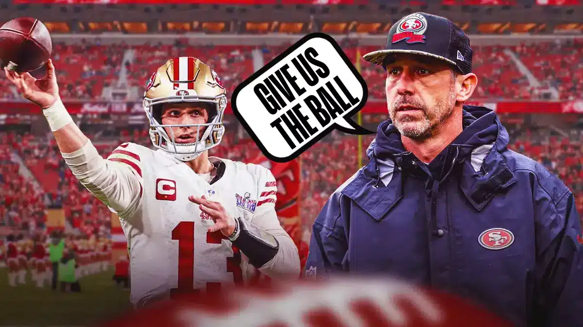 San Francisco 49ers head coach Kyle Shanahan and speech bubble “Give Us The Ball” and image of SF 49ers quarterback Brock Purdy.